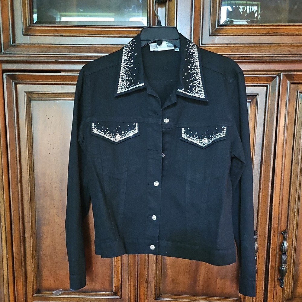 Christine Alexander Embellished Crystal  Black Denim Jacket- XS! Will Fit Small!